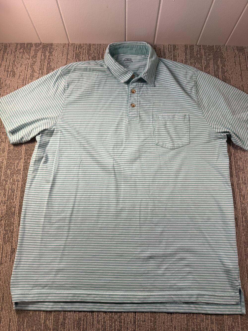 IZOD Saltwater Polo Shirt Mens XL Green Stripe Relaxed Classics Pocket Casual